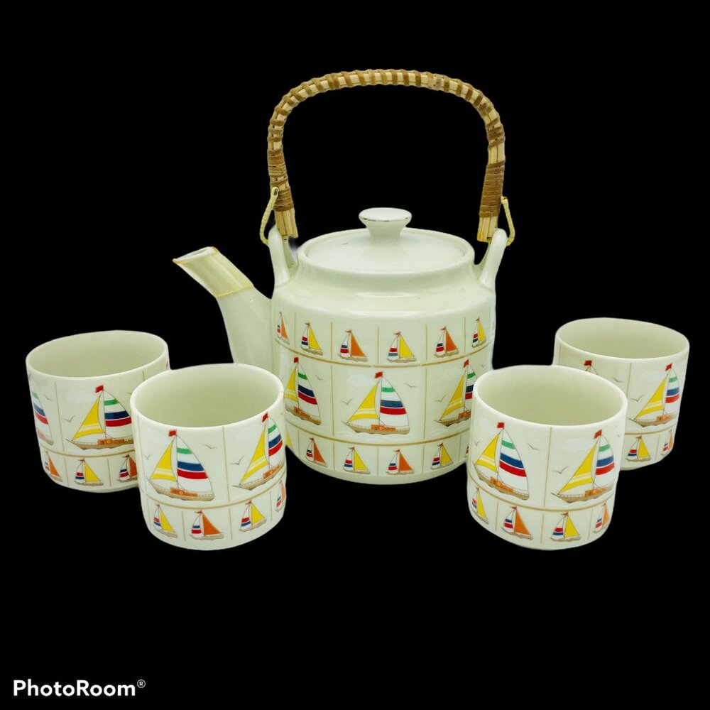 Vtg Otagiri Tea Set Bamboo Bailed Teapot 4 Cups Sailboats Hand Crafted Japanese